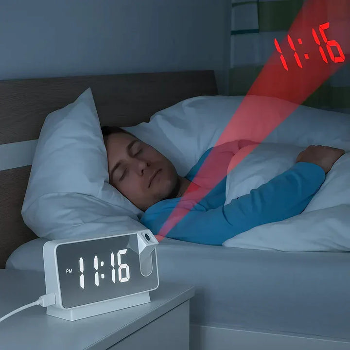 Projektionsväckarklocka | LED-display med spegelyta | Dubbelalarm &amp; Temperatur | 19 cm