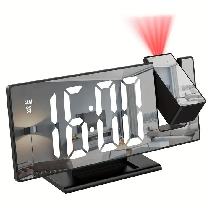 180° Justerbar LED-projektionsväckarklocka – Snooze, 12/24H Tids- och Temperaturvisning, Spegeldesign – USB-driven, Nattläge & Minnesfunktion