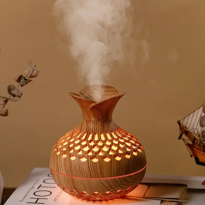 Aromaterapi luftfuktare med LED – Diffuser i trälook & nattljus