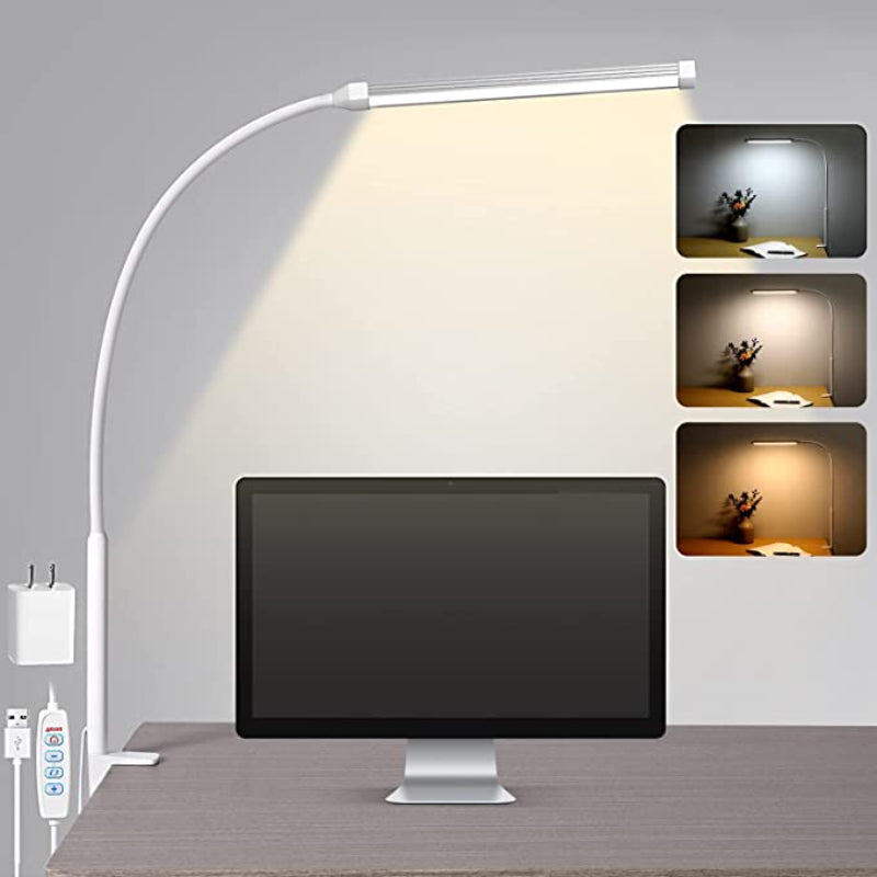 LED Skrivbordslampa med lampa, ögonvänliga klämlampor för hemmakontoret, 3 lägen 10 ljusstyrkenivåer, lång flexibel gåsnek, metall, svängarm arkitektuppgiftslampor med USB-adapter, vit