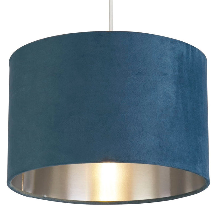 Teal Blå Sammet Vintage Easy Fit Trumlampa Skärm med Silver Inredning 28cm