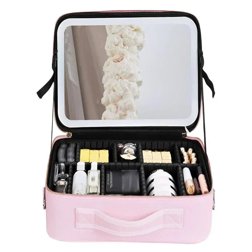 Make-up väska med LED-spegel - Bärbar make-up väska med ljus och förvaringsutrymme för perfekt styling på språng