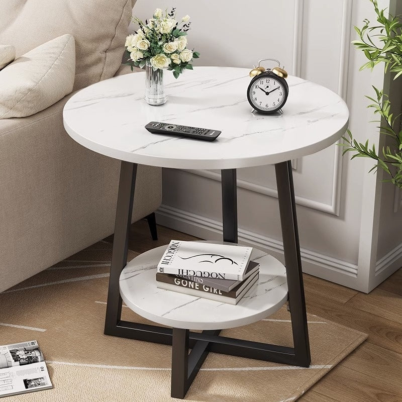 Runt Sidobord i Två Nivåer med Marmorerad Skiva och Svart Metallram