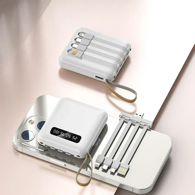 Mini Powerbank med Spegeldisplay | 20 000 mAh | Snabbladdningsfunktion &amp; Integrerade Kablar | För iPhone, Samsung, Xiaomi &amp; mer