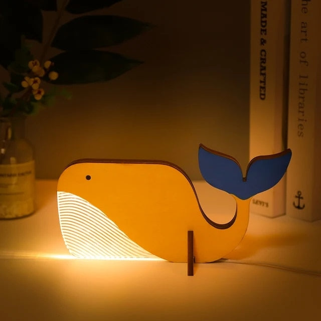 Djur LED Nattlampa Trä Akryl Bord USB Lampor