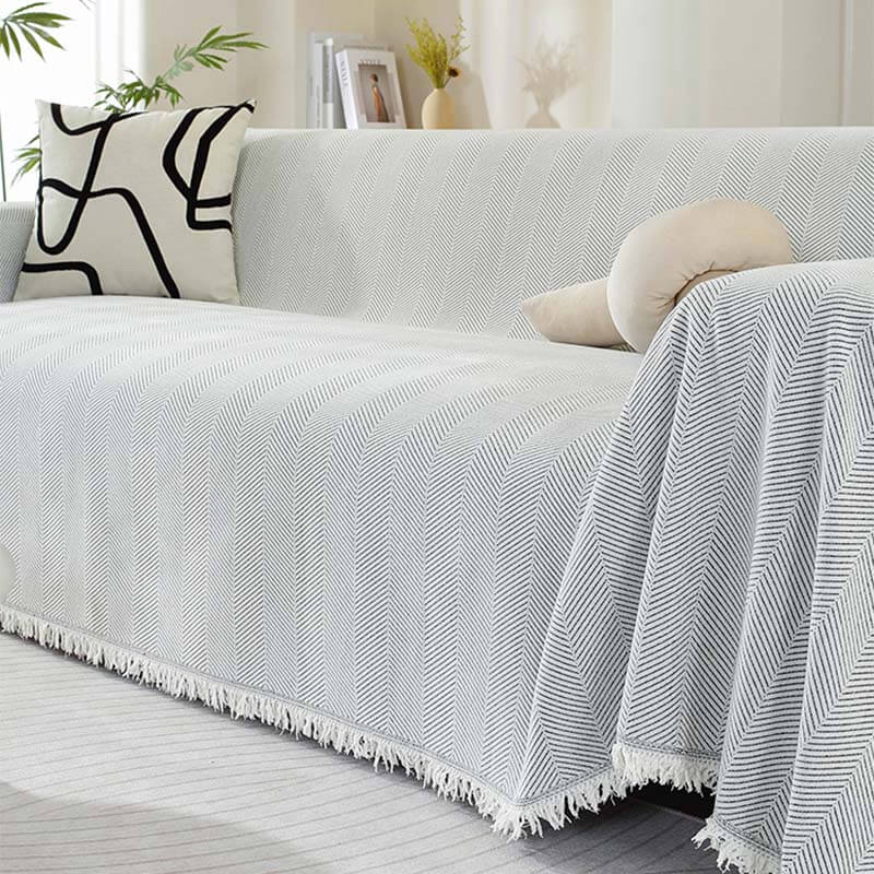 Chenille Sofföverdrag med Fiskbensdesign och Fransar