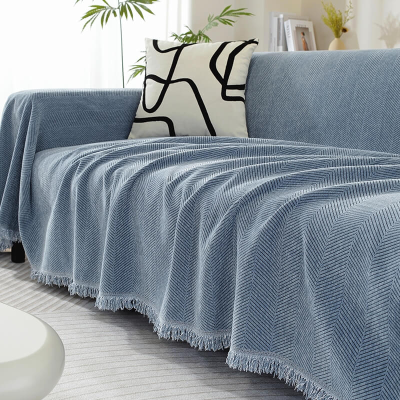 Chenille Sofföverdrag med Fiskbensdesign och Fransar