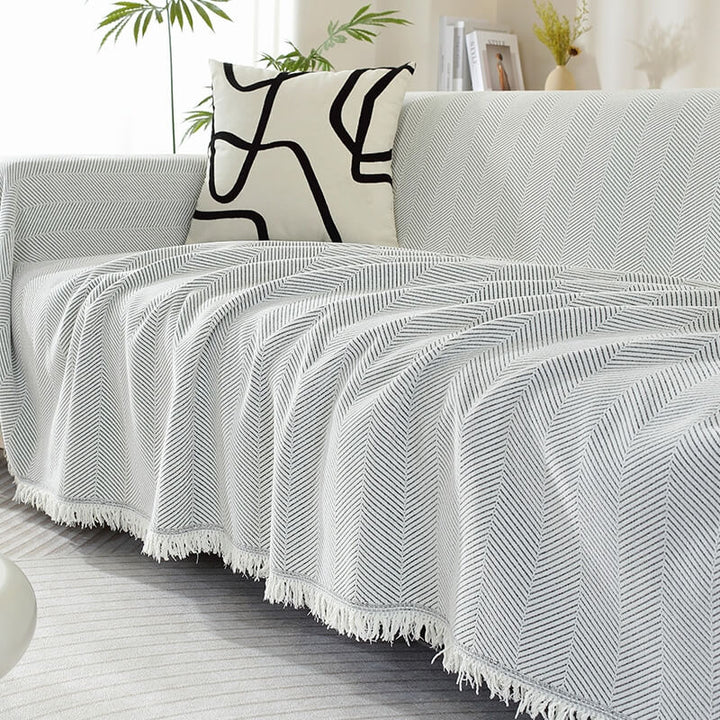 Chenille Sofföverdrag med Fiskbensdesign och Fransar