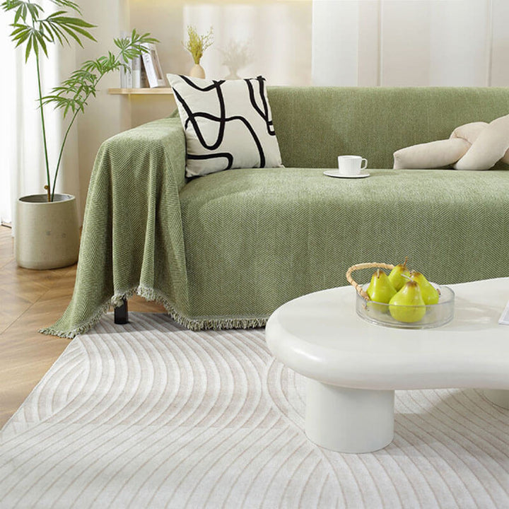 Chenille Sofföverdrag med Fiskbensdesign och Fransar