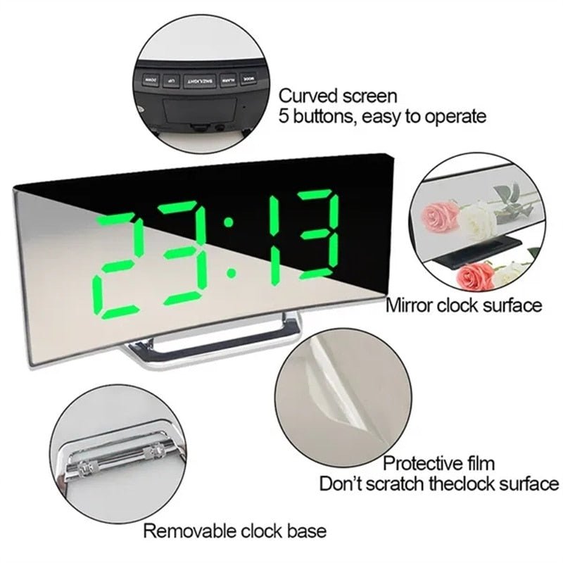 LED Digital Väckarklocka – Kurvad Spegeldisplay, Bordsur med Snooze-funktion, Elektronisk Bordsdisplay, Inredning för Sovrum och Vardagsrum