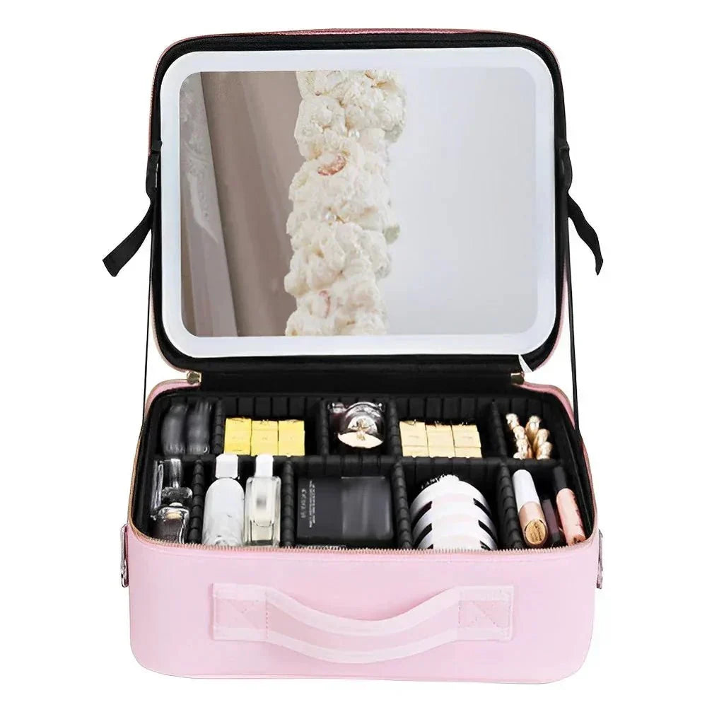 MirrorGlam LED Make-up Väska – Bärbar Kosmetisk Fodral med Justerbart Ljus &amp; Organiseringsöglor