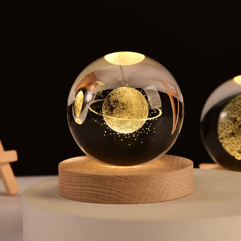 3D Kristallkula Nattlampa Med Träbas