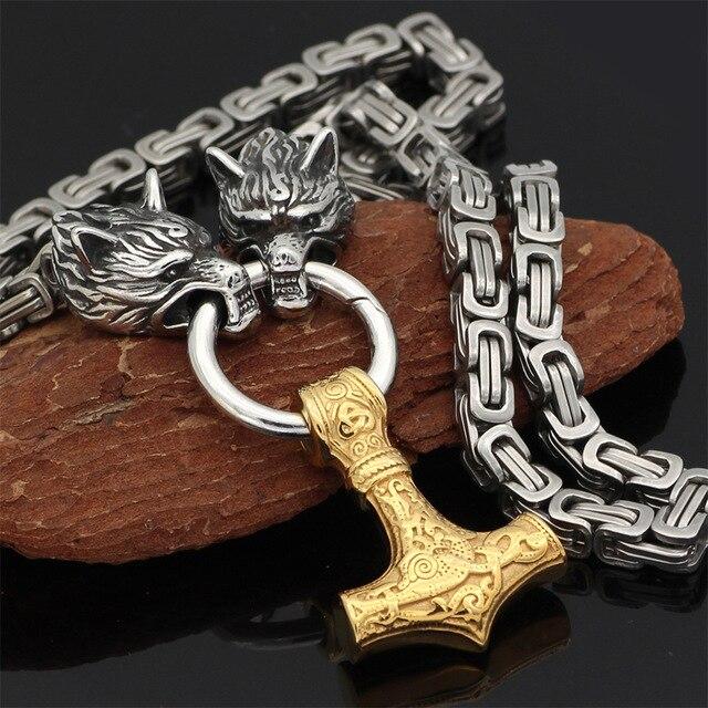 60–90 cm Stål Dubbel Varghuvud &amp; Mjolnir Survival Spirit Halsband/Armband
