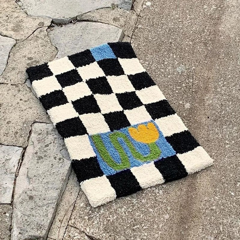 Vintage Rutig Badmatta - Mysig Retro Blommig Matta för Badrum och Heminredning